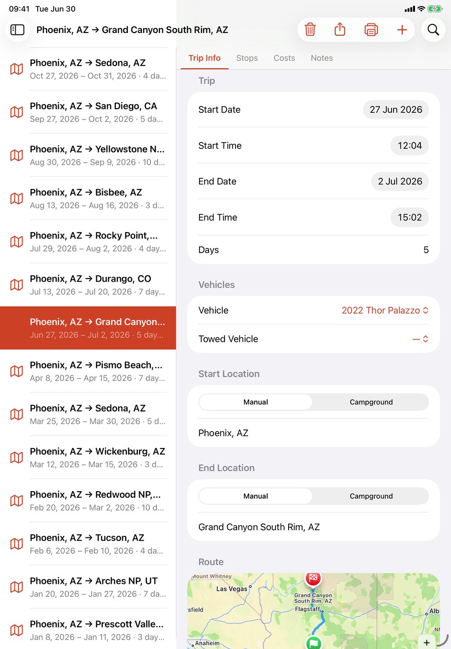 Trip Log in RVCare Logbook on iPad, showing the trip list and the detail for a 10-day, 860-mile trip to Yellowstone