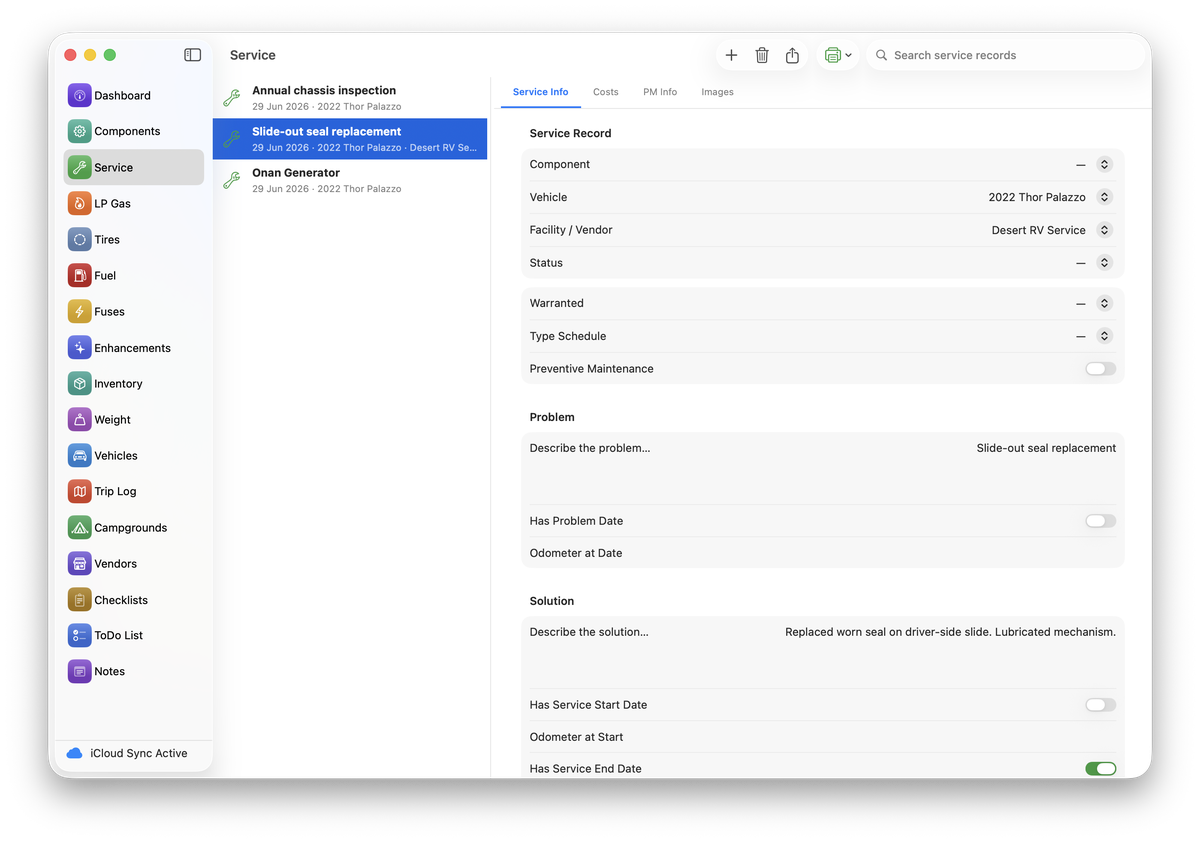 Service record detail in RVCare Logbook on Mac, showing an annual chassis inspection with the problem, solution and cost